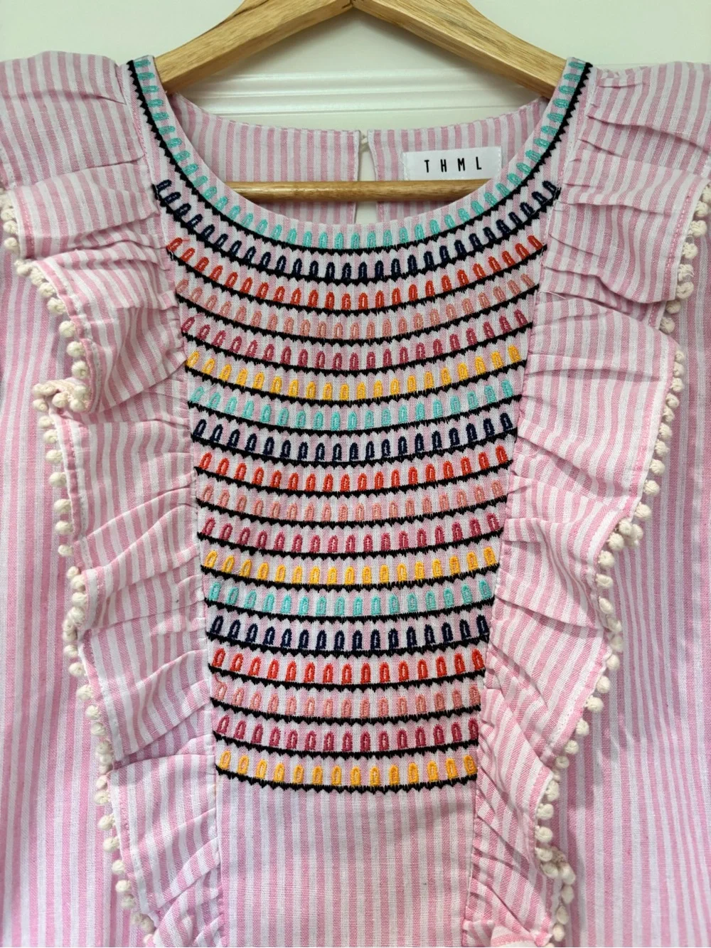 THML Sz L Embroidered Cotton Top Ruffled Sleeves  Pink White Stripes Cottagecore - Picture 4 of 10